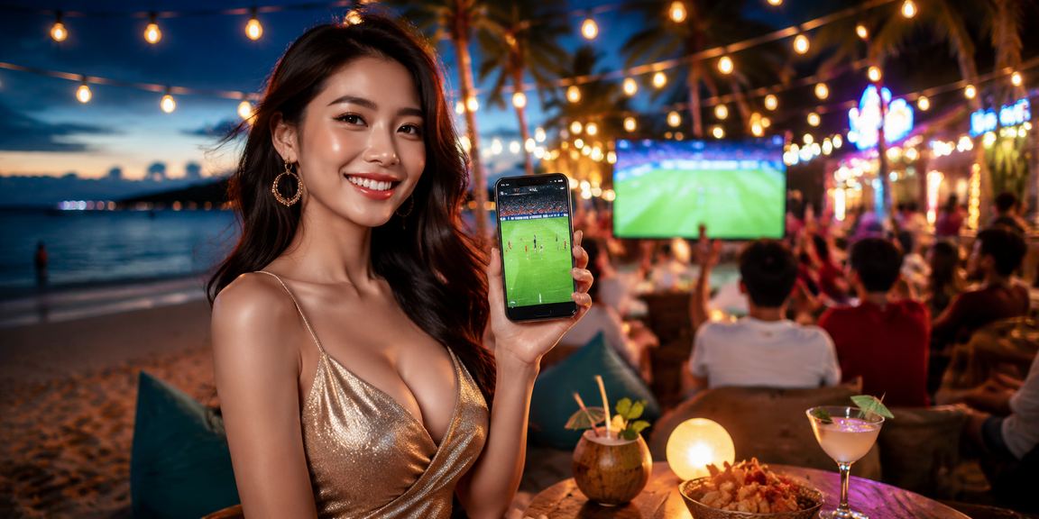 Người dùng tại bãi biển Phú Quốc kiểm tra voucher bóng đá trên htv3