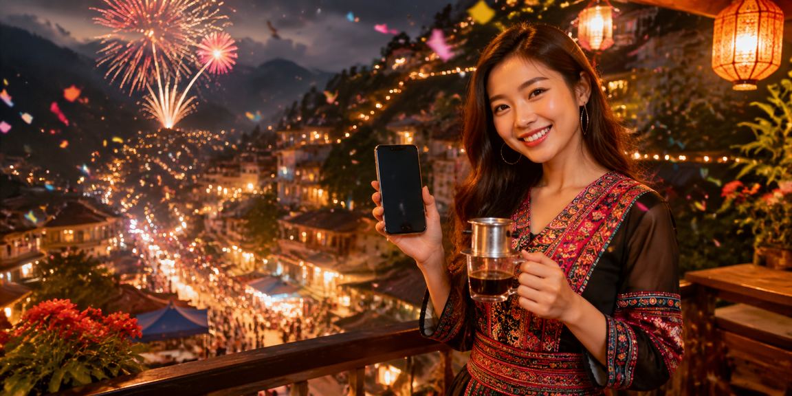 Người dùng chơi casino trên điện thoại bên ly cà phê giữa không gian núi rừng Sa Pa